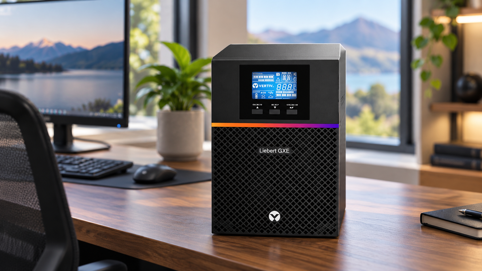 Vertiv Liebert GXE UPS on a desk in a modern New Zealand home office.