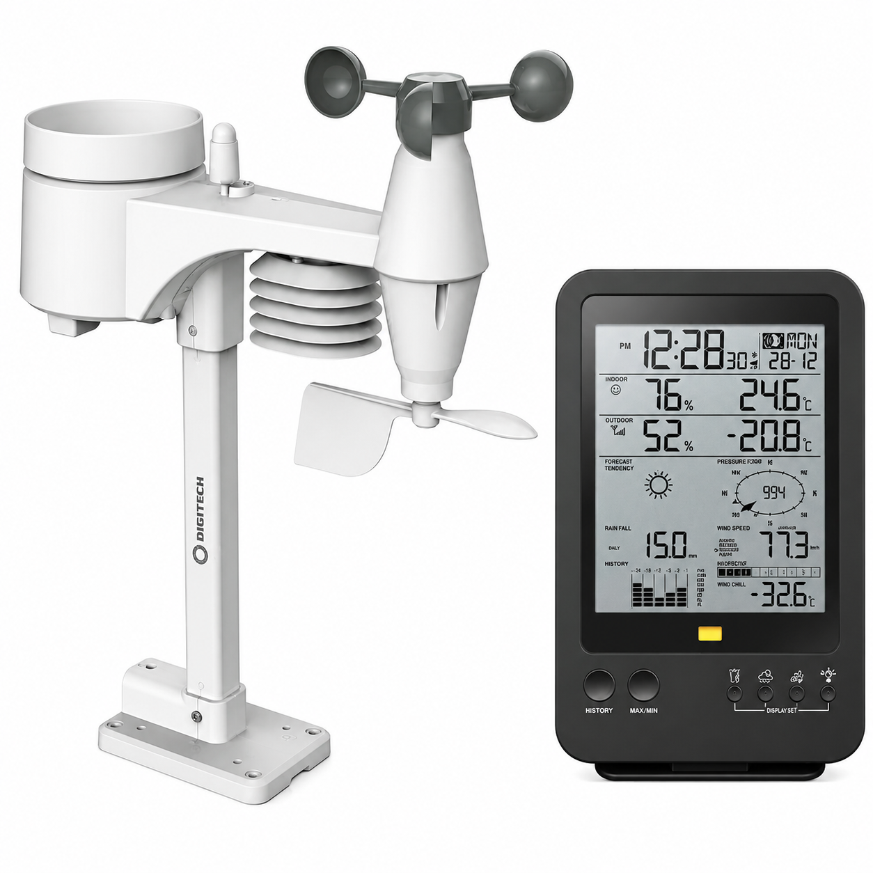 Digitech wireless weather station with outdoor sensor array featuring anemometer, rain gauge and wind vane alongside indoor console display - Weather Stations at Tech Supply Shed NZ