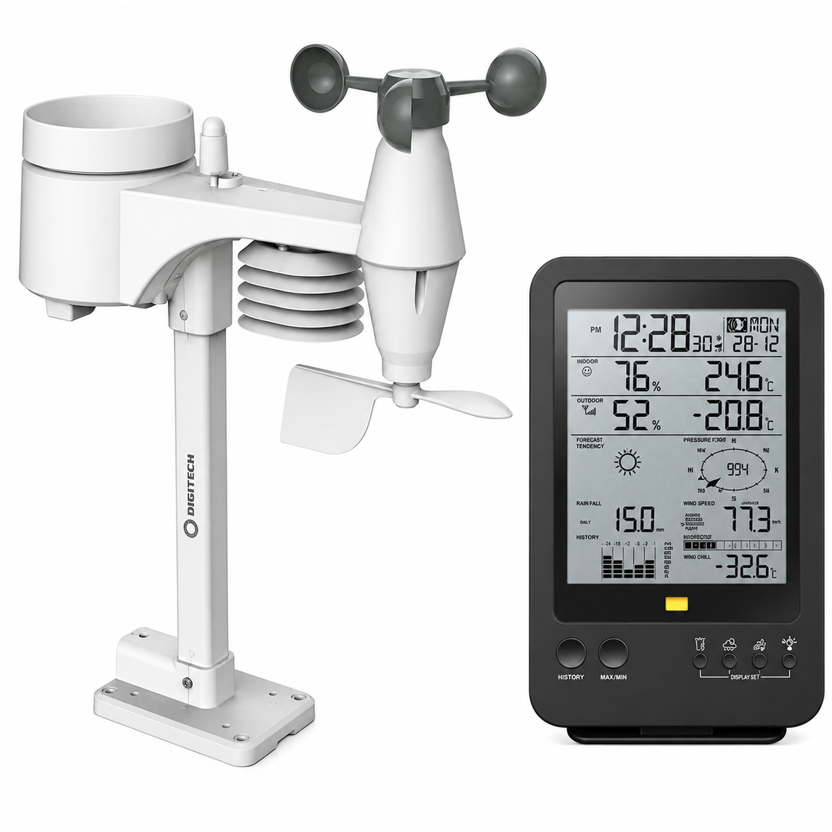 Digitech wireless weather station with outdoor sensor array featuring anemometer, rain gauge and wind vane alongside indoor console display - Weather Stations at Tech Supply Shed NZ
