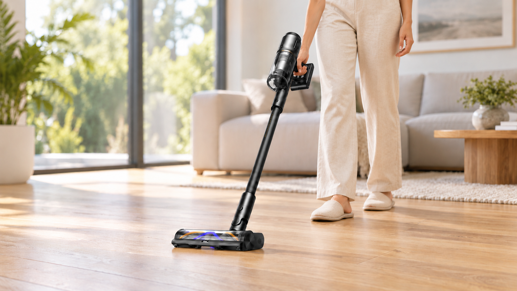 Woman using a black cordless stick vacuum on a timber floor in a modern lounge.