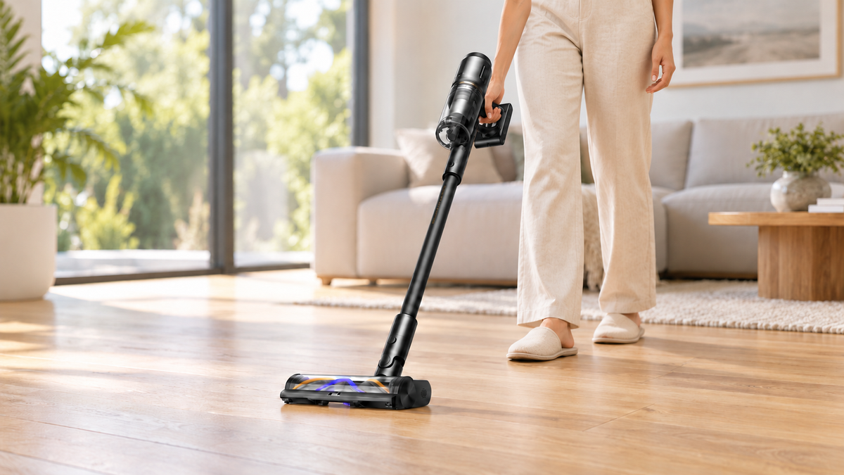 Woman using a black cordless stick vacuum on a timber floor in a modern lounge.
