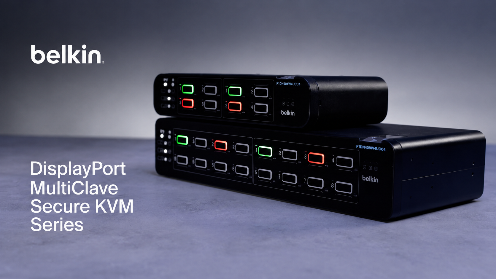 Belkin DisplayPort MultiClave Secure KVM switches with illuminated port controls on a dark studio background - KVM Switches at Tech Supply Shed NZ