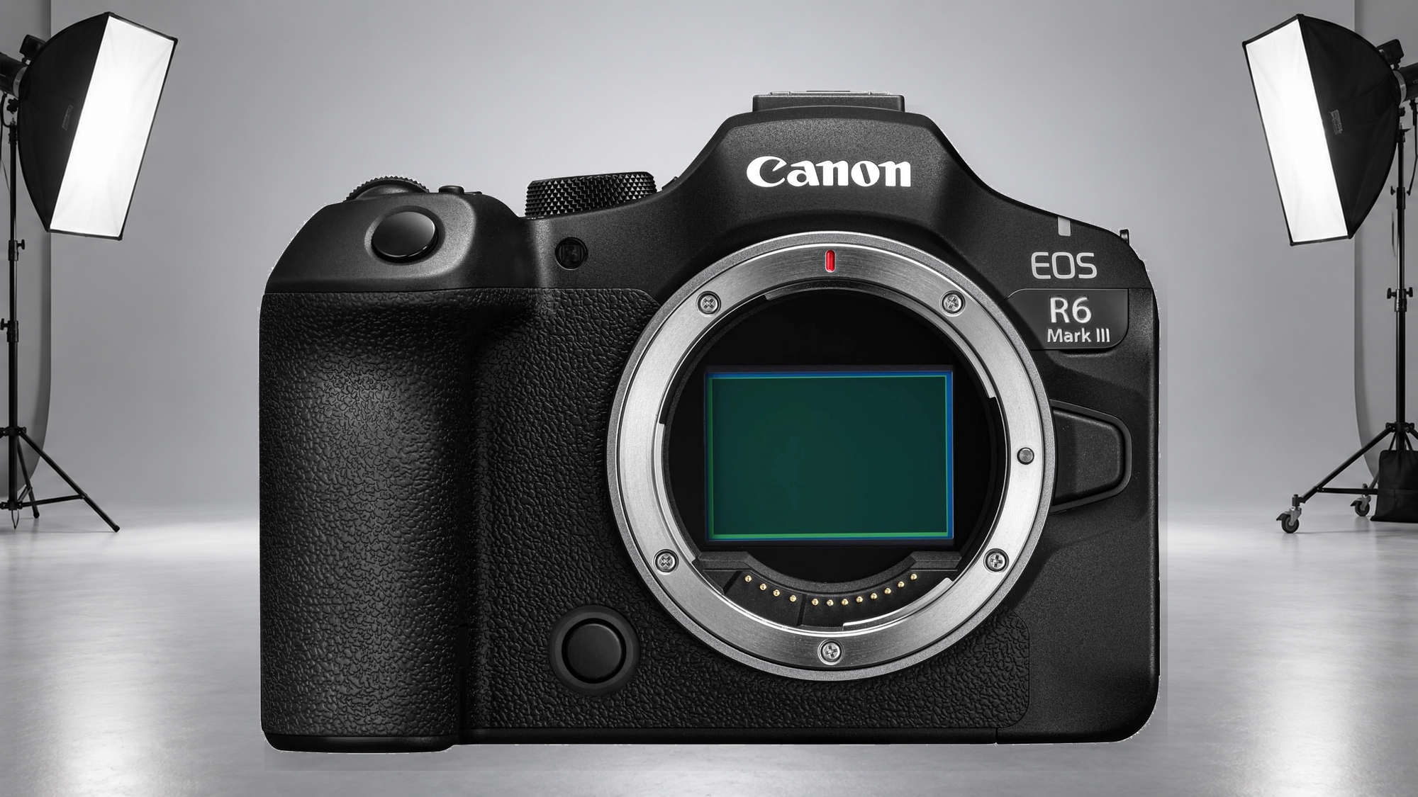 Canon EOS R6 Mark III mirrorless camera body in black, front lens mount and branding - Digital Cameras at Tech Supply Shed NZ