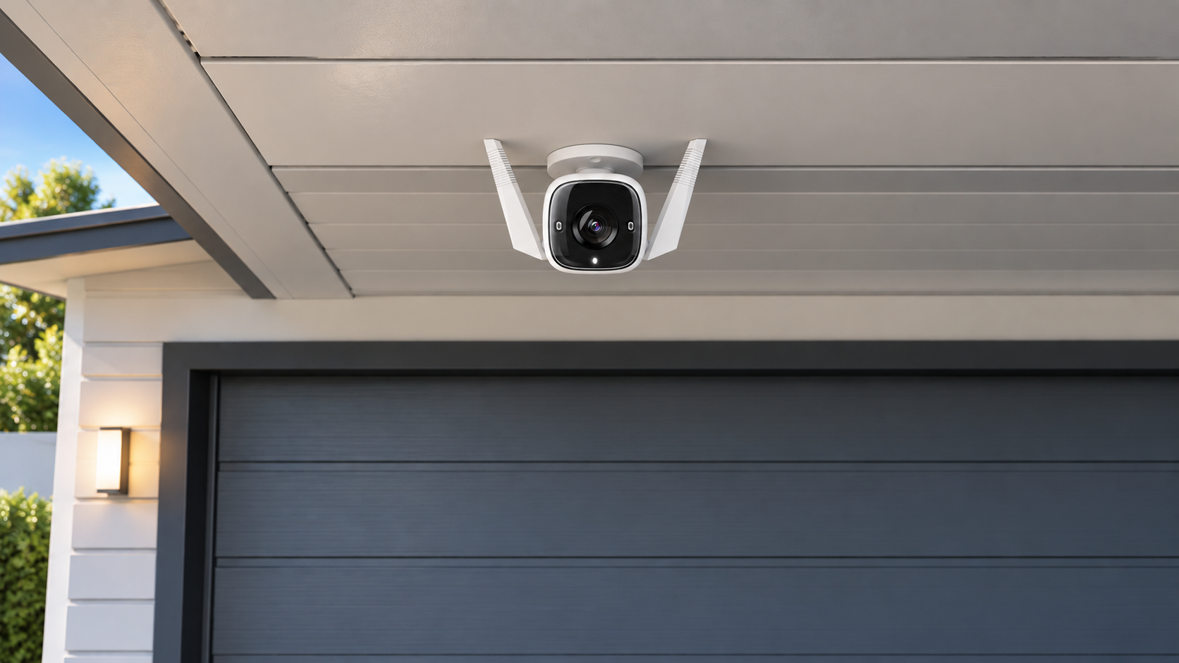 Outdoor Wi-Fi security camera mounted under a garage eave - Security Cameras at Tech Supply Shed NZ