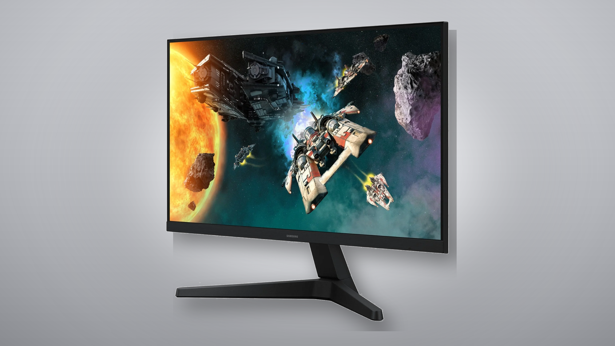 Samsung gaming monitor displaying a space game on a silver studio background NZ