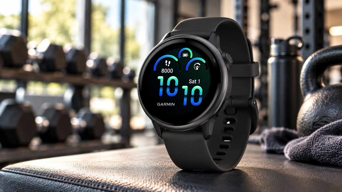 Black Garmin GPS smartwatch showing fitness tracking metrics on a gym bench - Smart Watches at Tech Supply Shed NZ