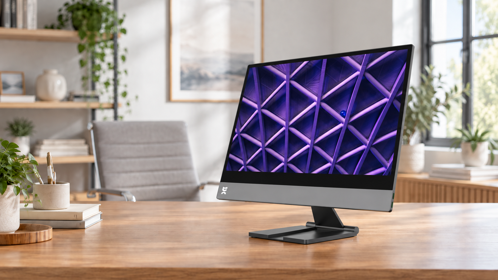 Computer monitor with purple geometric display positioned on a wooden desk in a bright modern home office.