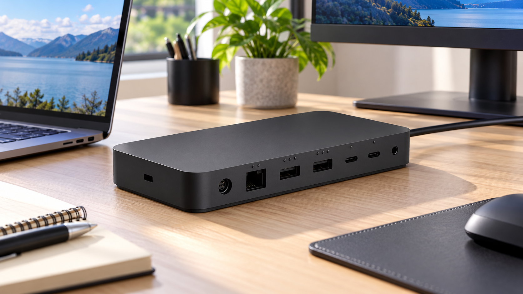 Black USB-C laptop docking station with multiple USB ports and Ethernet connectivity on a modern home office desk beside a laptop and monitor in NZ.