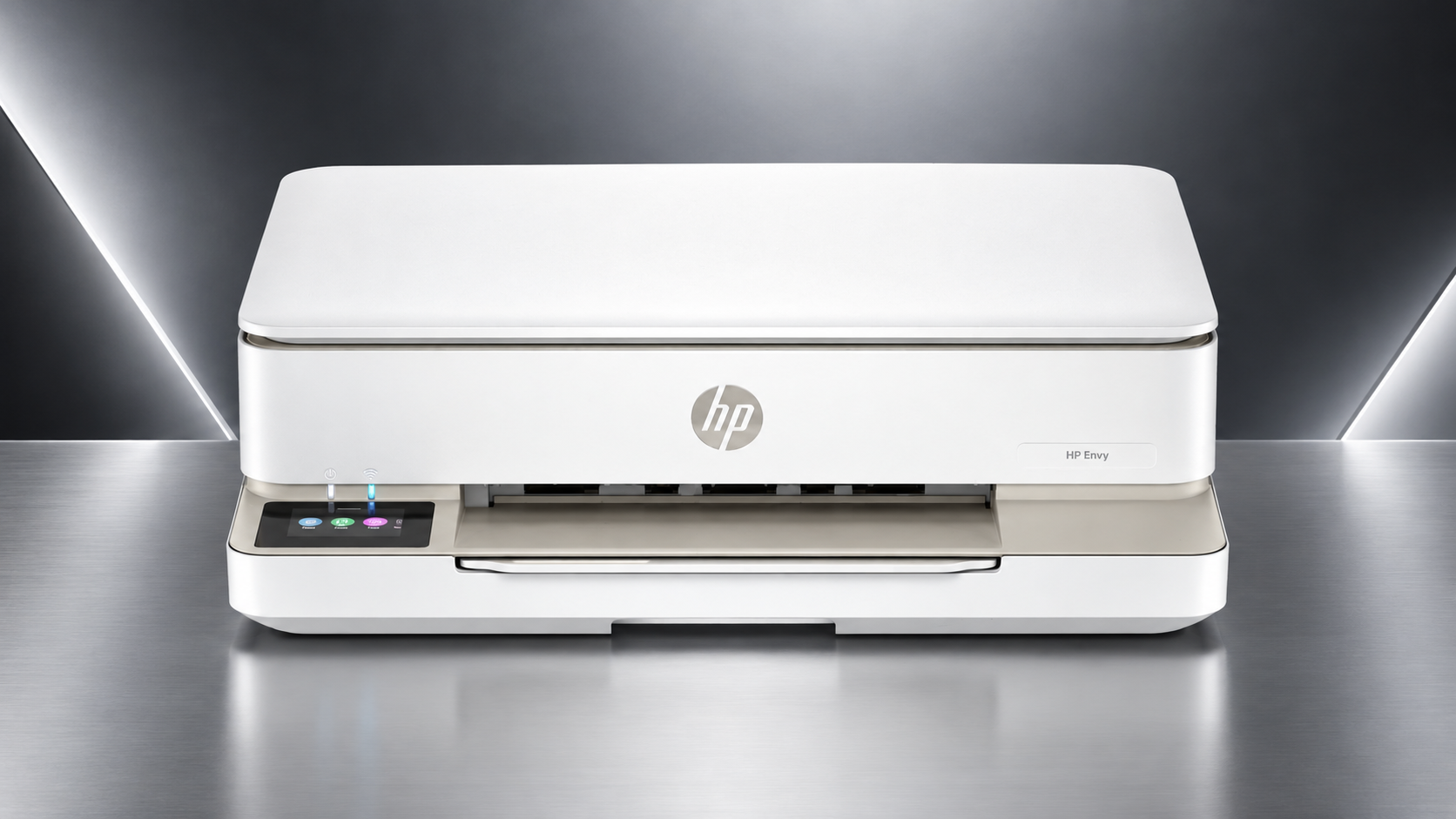 HP Envy all-in-one printer on a premium silver and graphite technology background.