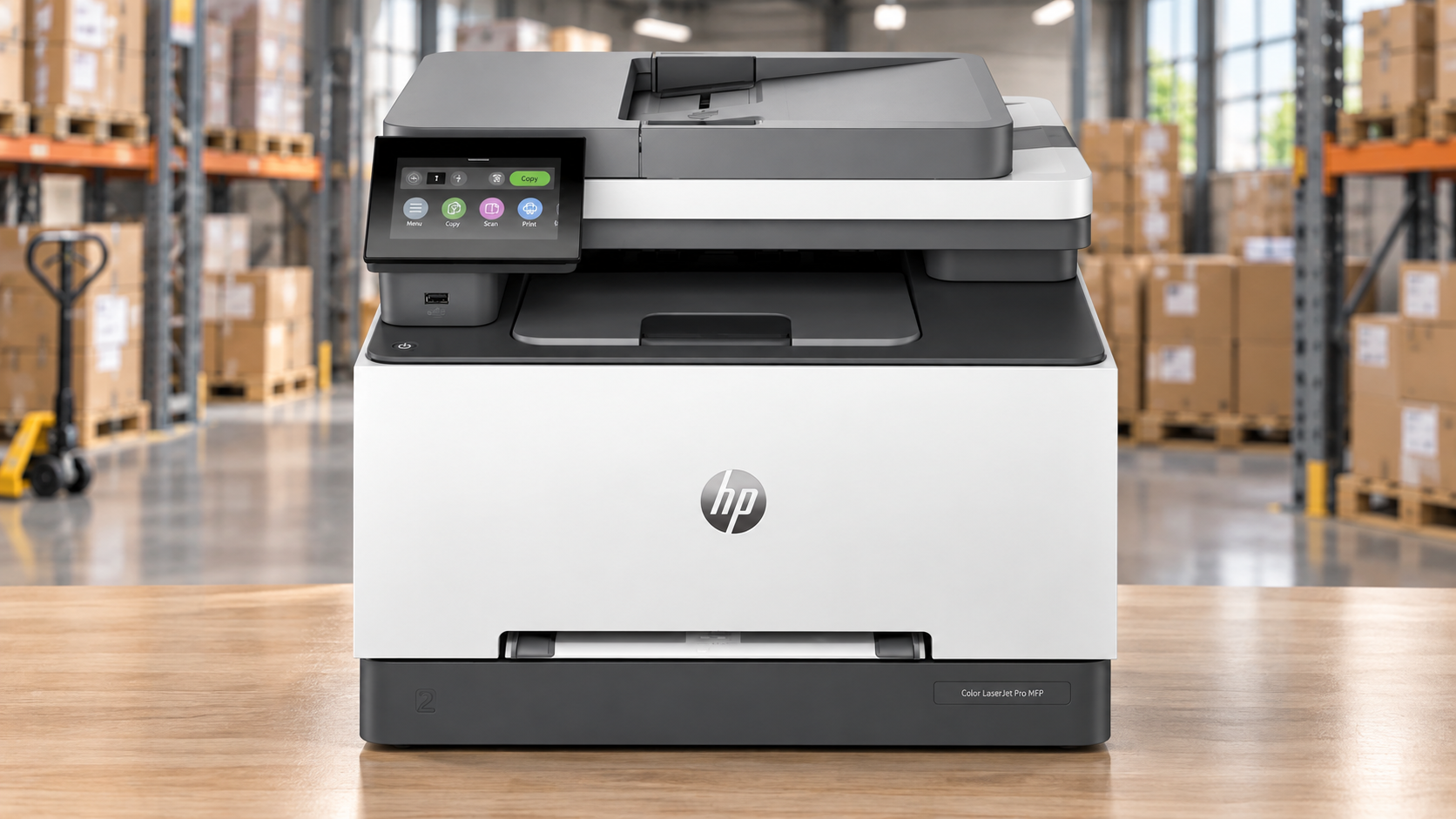HP Color LaserJet Pro multifunction printer in a warehouse setting, suitable for business printing and office use.