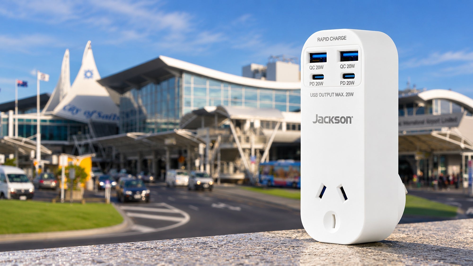 Jackson PTAC20WW USB wall adaptor in front of Auckland Airport - USB Chargers at Tech Supply Shed NZ
