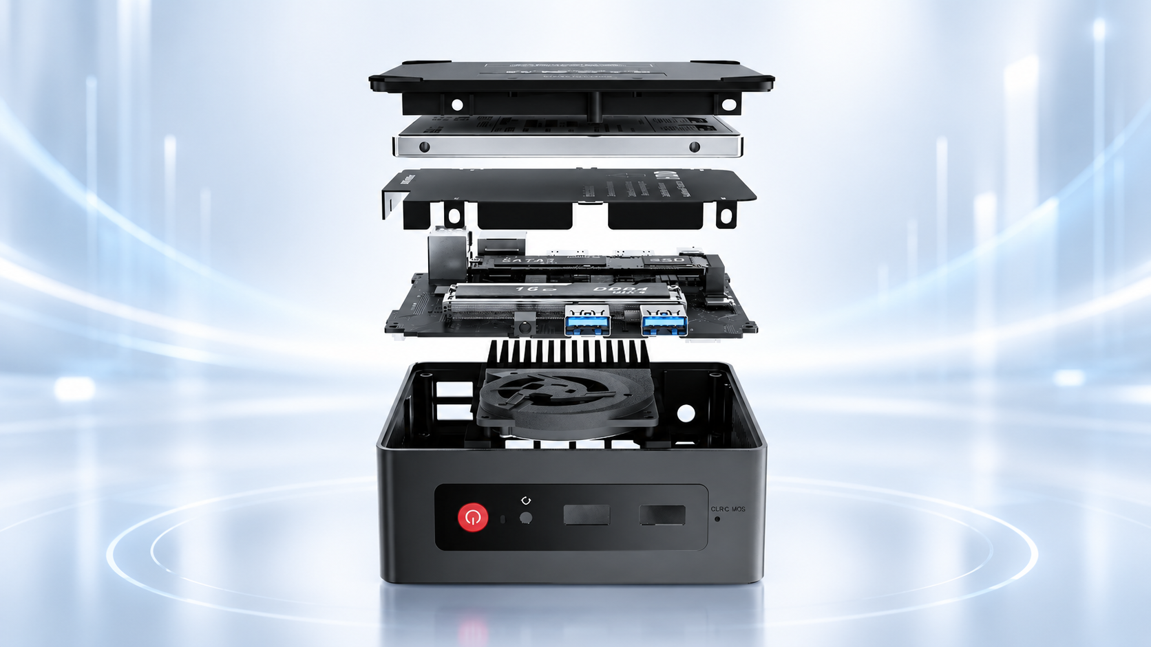 Exploded view of a mini PC showing motherboard, SSD, memory and cooling components on a light silver and blue background.