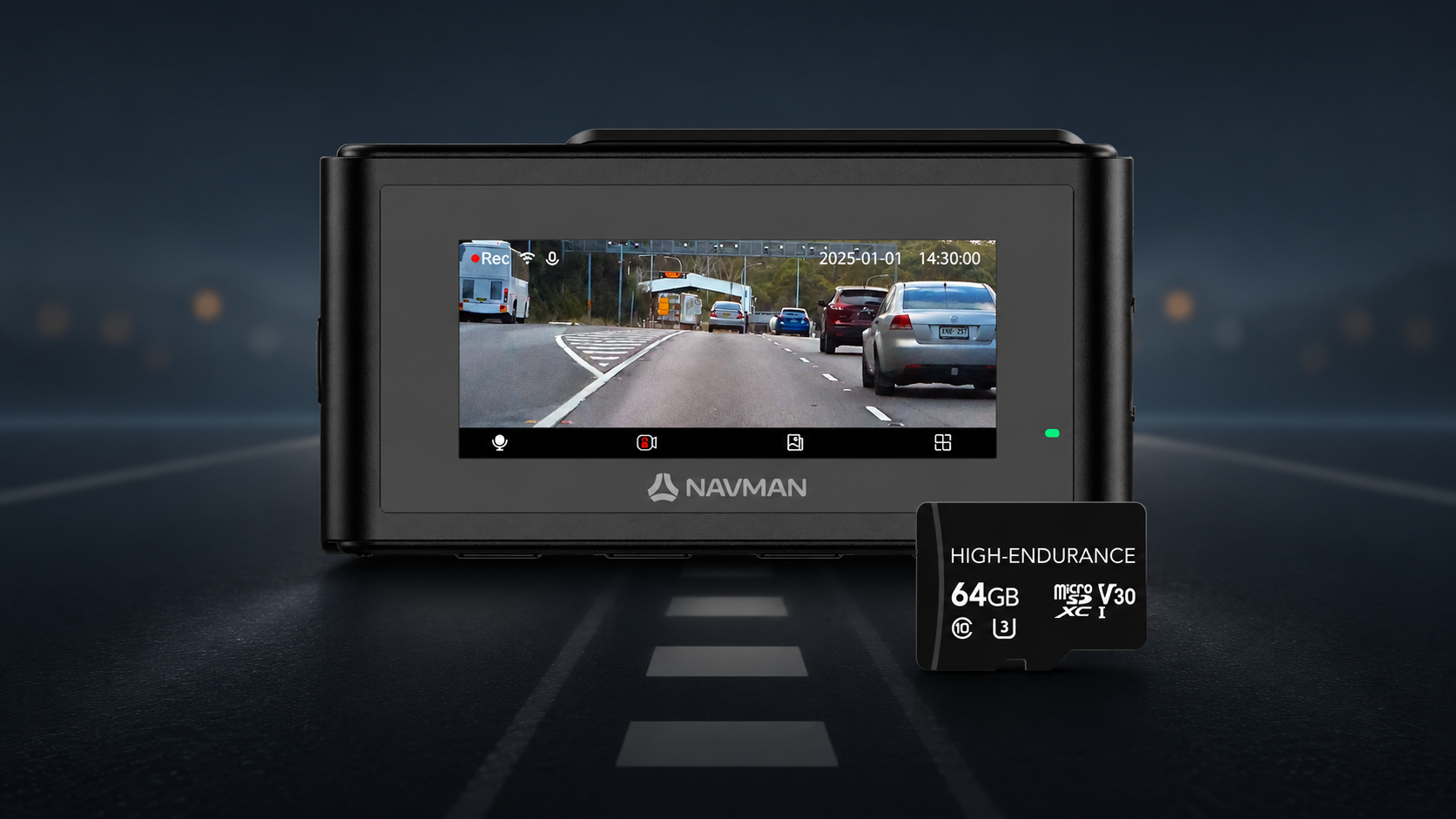 Navman dash cam with 64GB high-endurance microSD card displayed against a driving road background in New Zealand