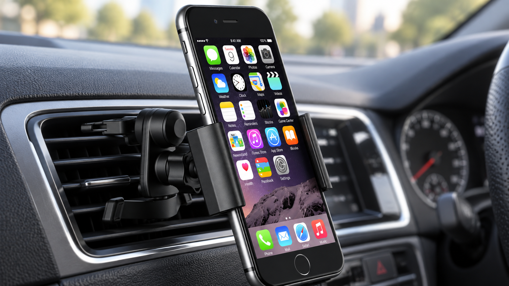 Car phone holder mount holding a smartphone securely on a vehicle air vent inside a modern car interior.
