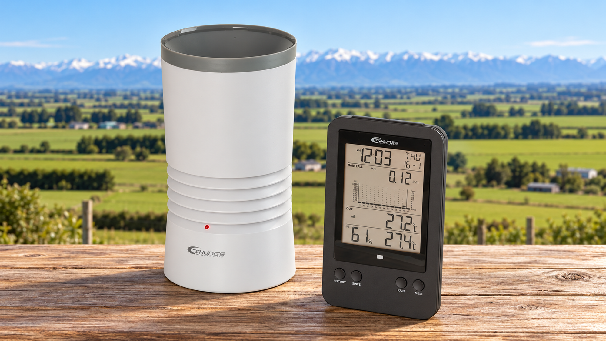 Wireless rain gauge and digital display against a recreated Rolleston, Canterbury farming landscape, with paddocks and the Southern Alps in the background - Weather Stations at Tech Supply Shed NZ