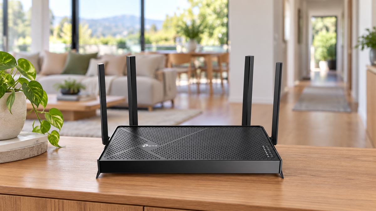 TP-Link Archer BE230 WiFi 7 router on an open wooden console in a New Zealand living room, with four upright antennas.