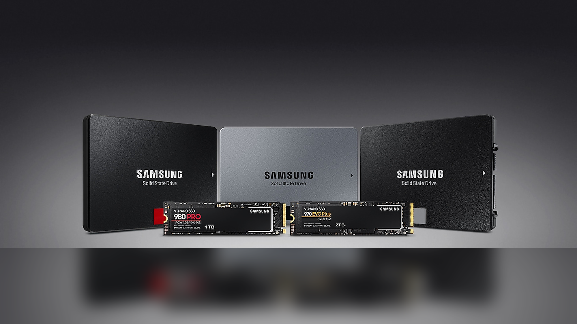 Samsung 2.5-inch SSDs with 980 PRO 1TB and 970 EVO Plus 2TB NVMe drives on a dark studio background.
