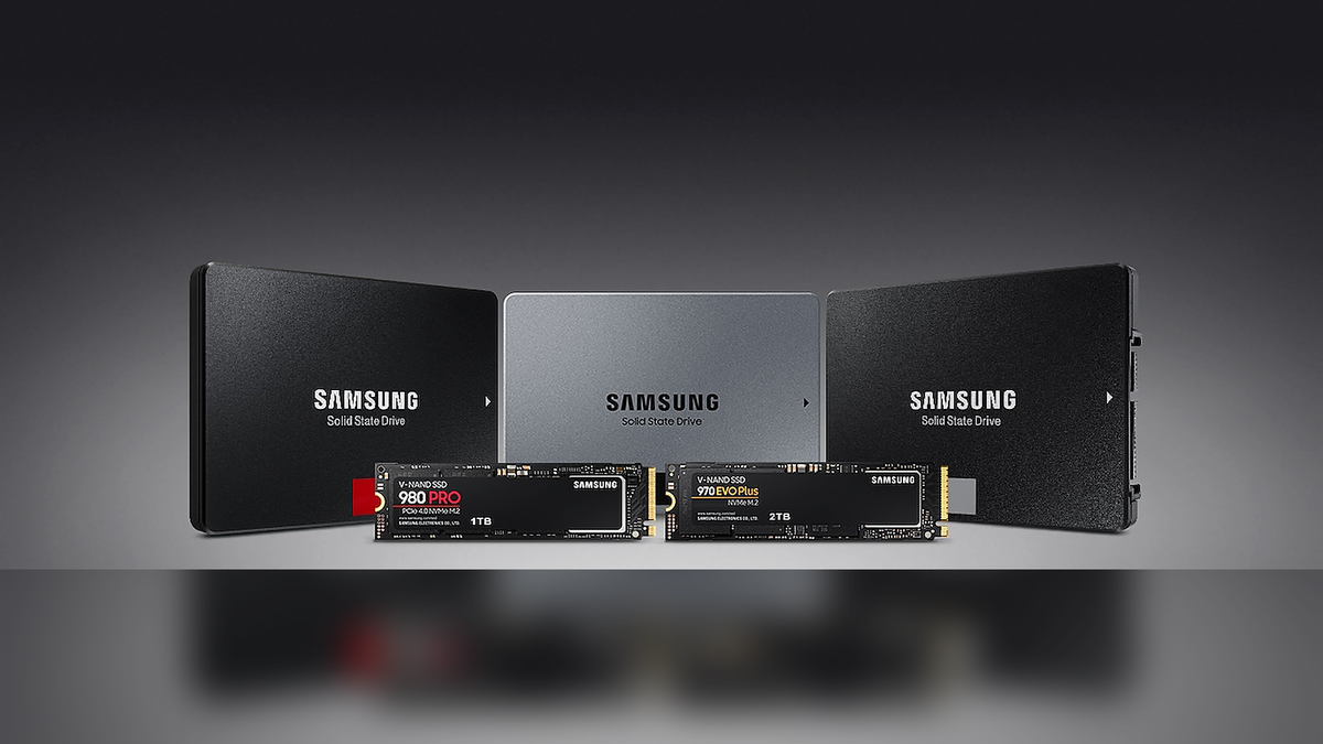Samsung 2.5-inch SSDs with 980 PRO 1TB and 970 EVO Plus 2TB NVMe drives on a dark studio background.