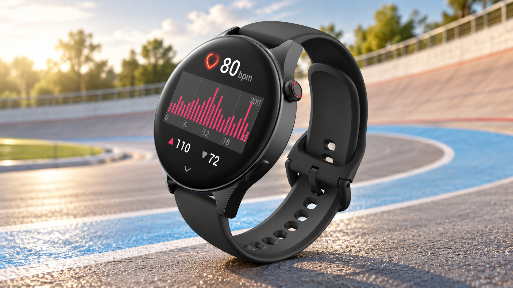 Black fitness smartwatch displaying heart rate monitoring and workout statistics on an outdoor cycling track.