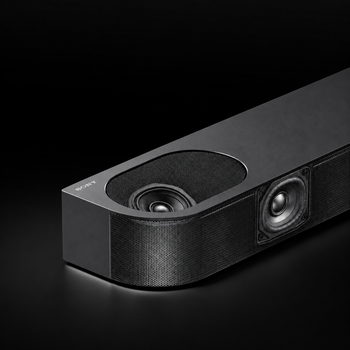 Sony Dolby Atmos soundbar with up-firing speakers on a black studio background, designed for immersive overhead surround sound.
