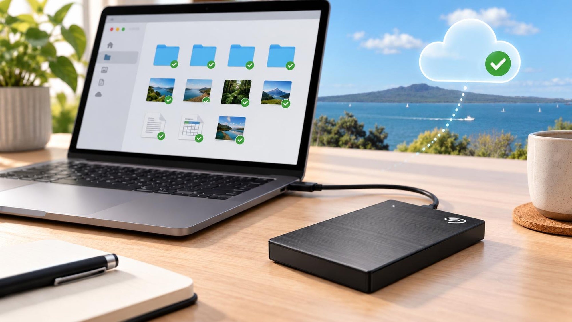 Laptop connected to a Seagate external hard drive, with a cloud backup symbol and Rangitoto Island in the background, illustrating the 3-2-1 backup rule.