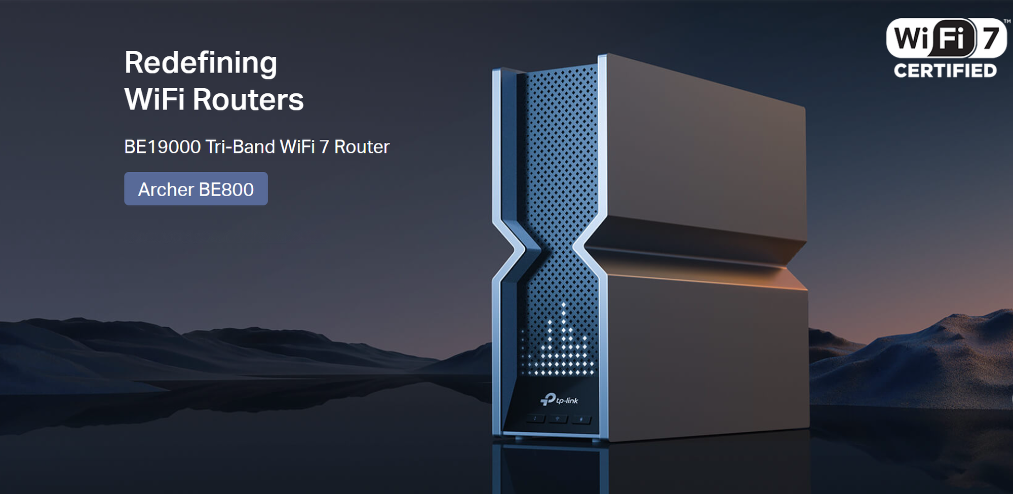 TP-Link Archer BE800 BE19000 tri-band WiFi 7 router with WiFi 7 Certified branding.