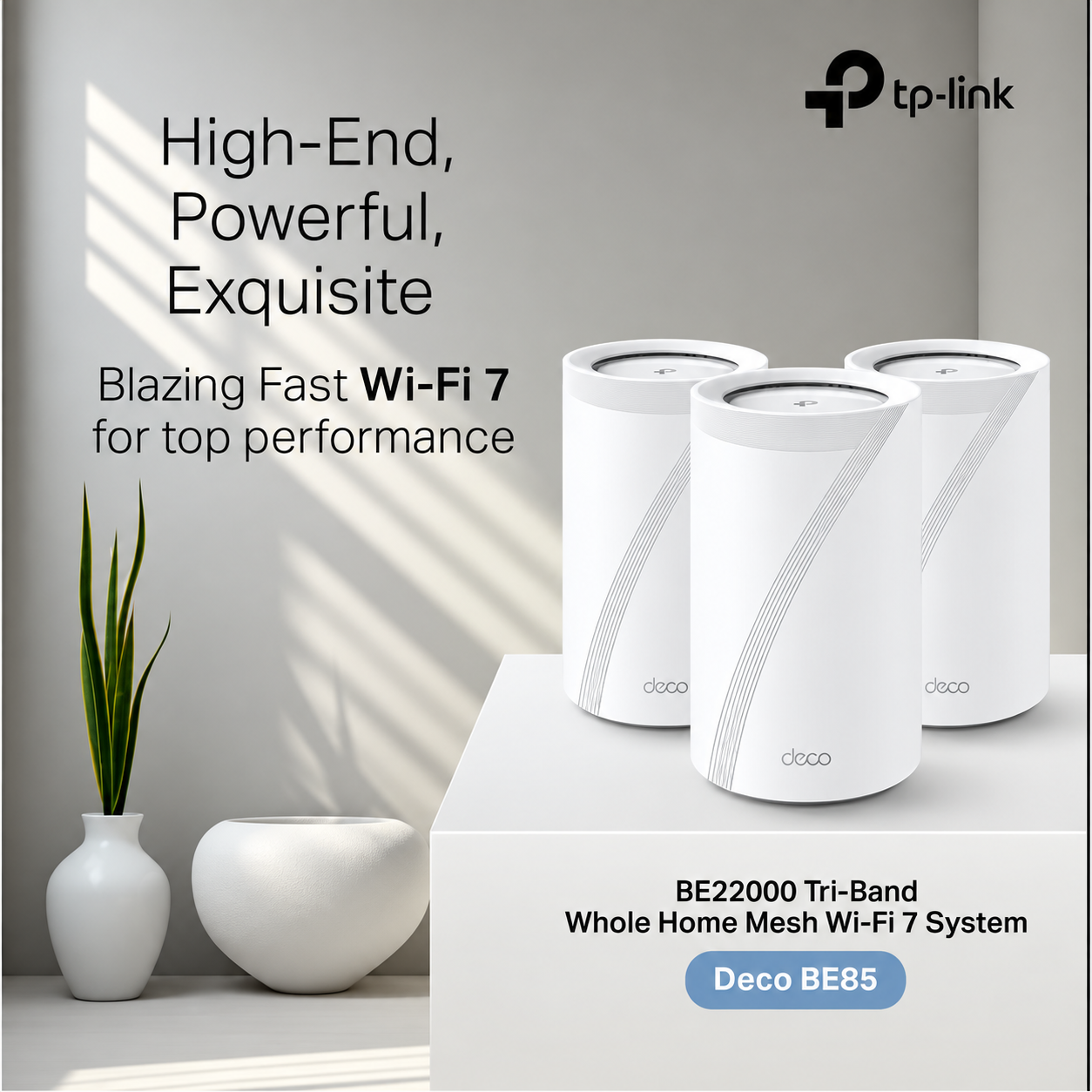 TP-Link Deco BE85 BE22000 tri-band whole-home mesh Wi-Fi 7 system with three white Deco units.