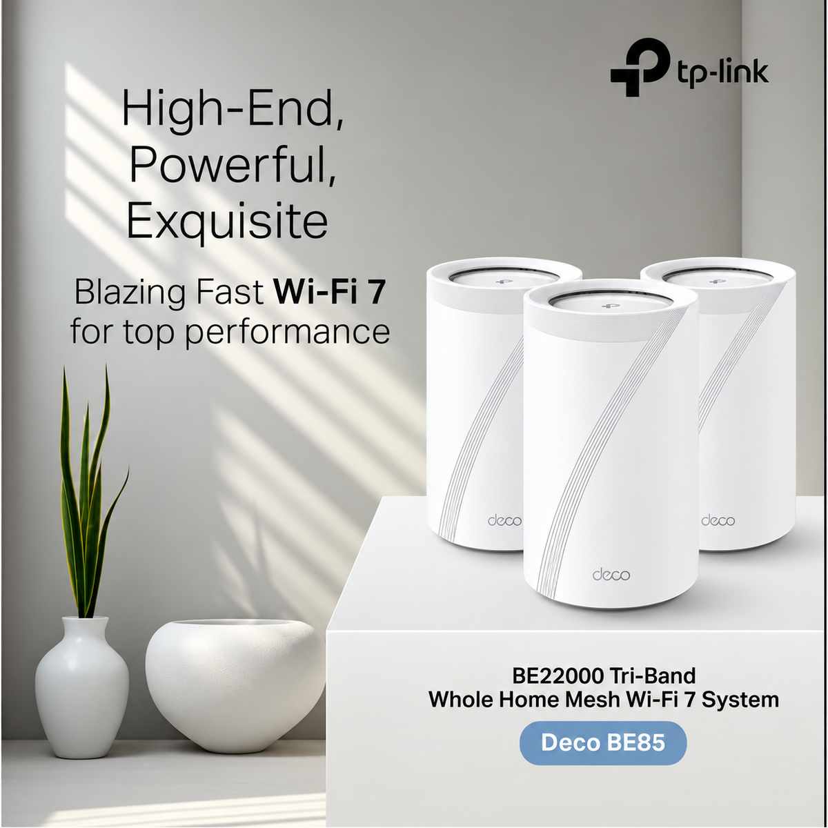 TP-Link Deco BE85 BE22000 tri-band whole-home mesh Wi-Fi 7 system with three white Deco units.