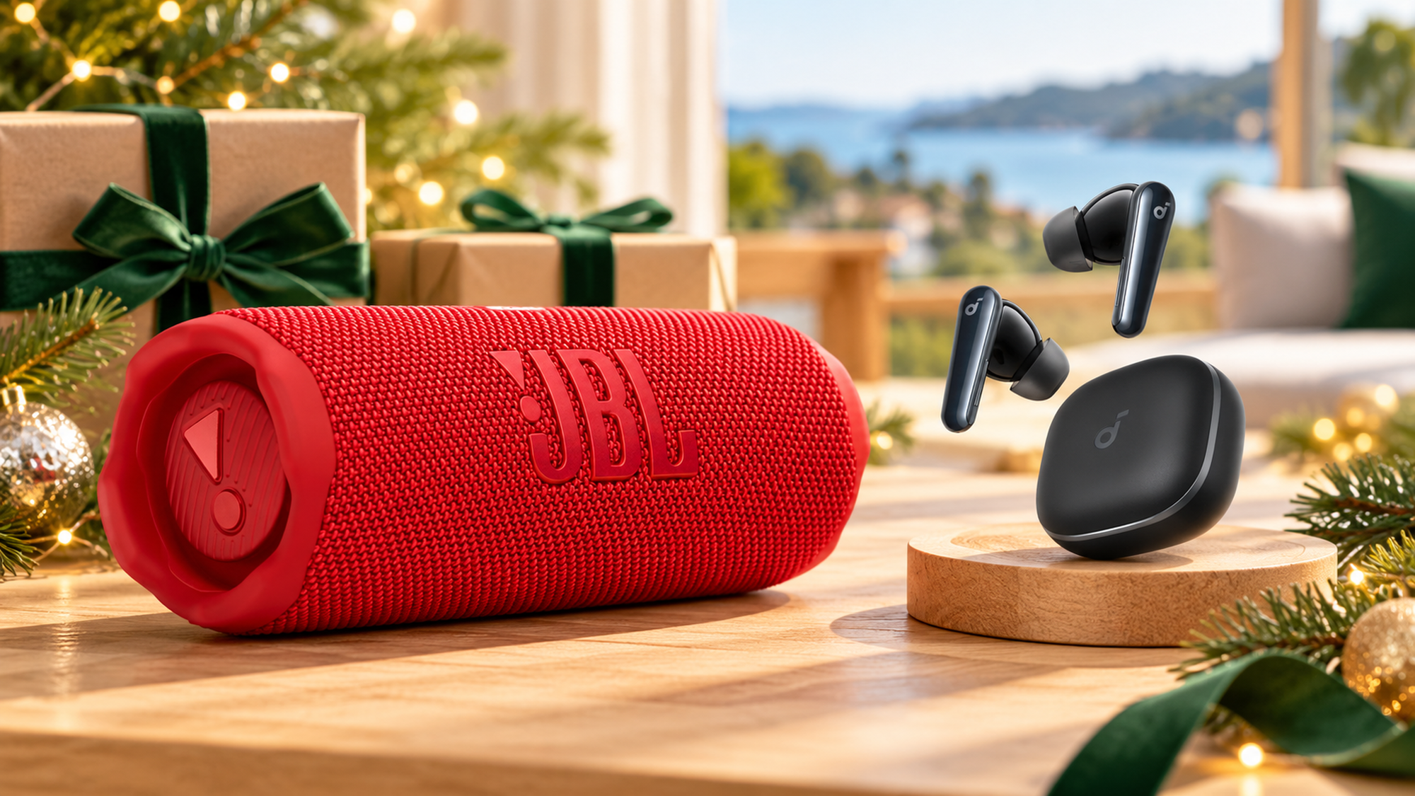 Red JBL Flip 7 speaker and black Soundcore Liberty 5 earbuds with their closed case displayed beside Christmas gifts in a sunny coastal home - Christmas Tech Gifts at Tech Supply Shed NZ
