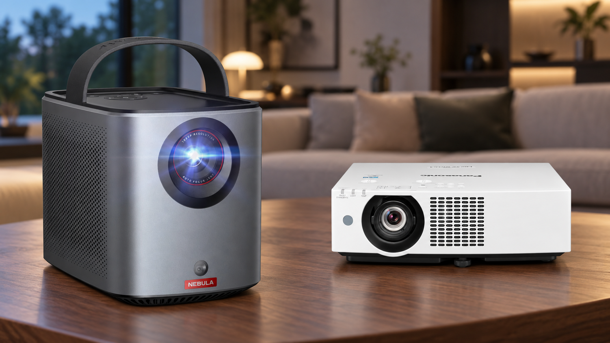 Nebula portable projector and white home cinema projector on a coffee table with a softly blurred lounge background.