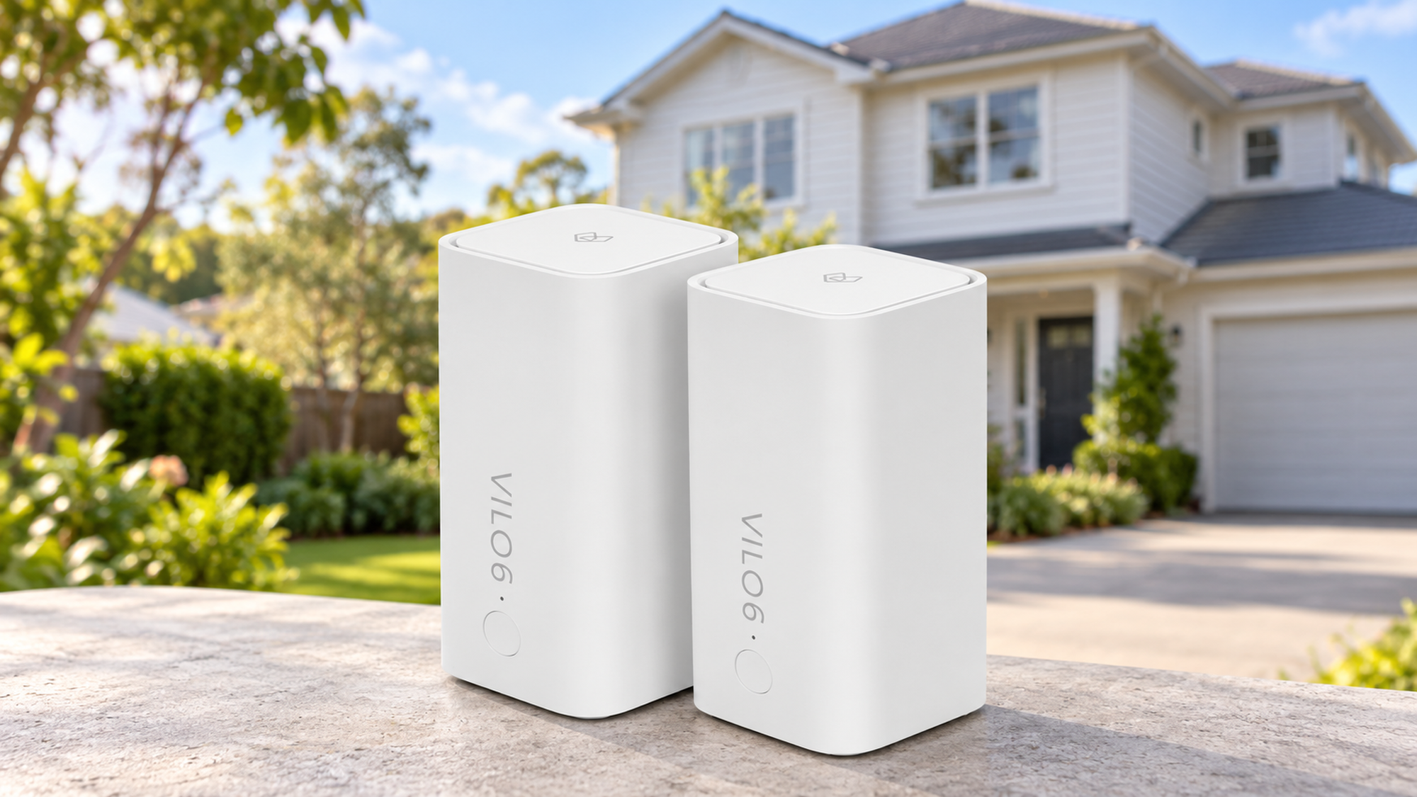 Two white Vilo 6 mesh Wi-Fi units with a blurred two-storey New Zealand house in the background.