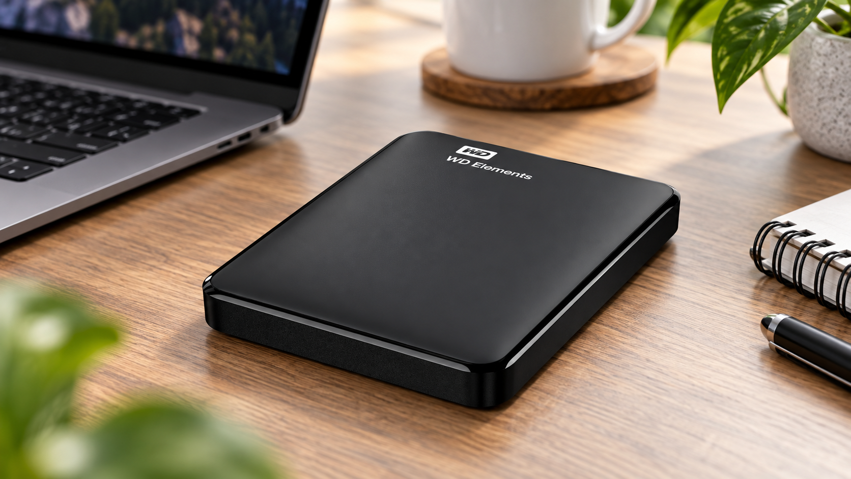 WD Elements portable external hard drive on a modern wooden desk beside a laptop in a home office setup.