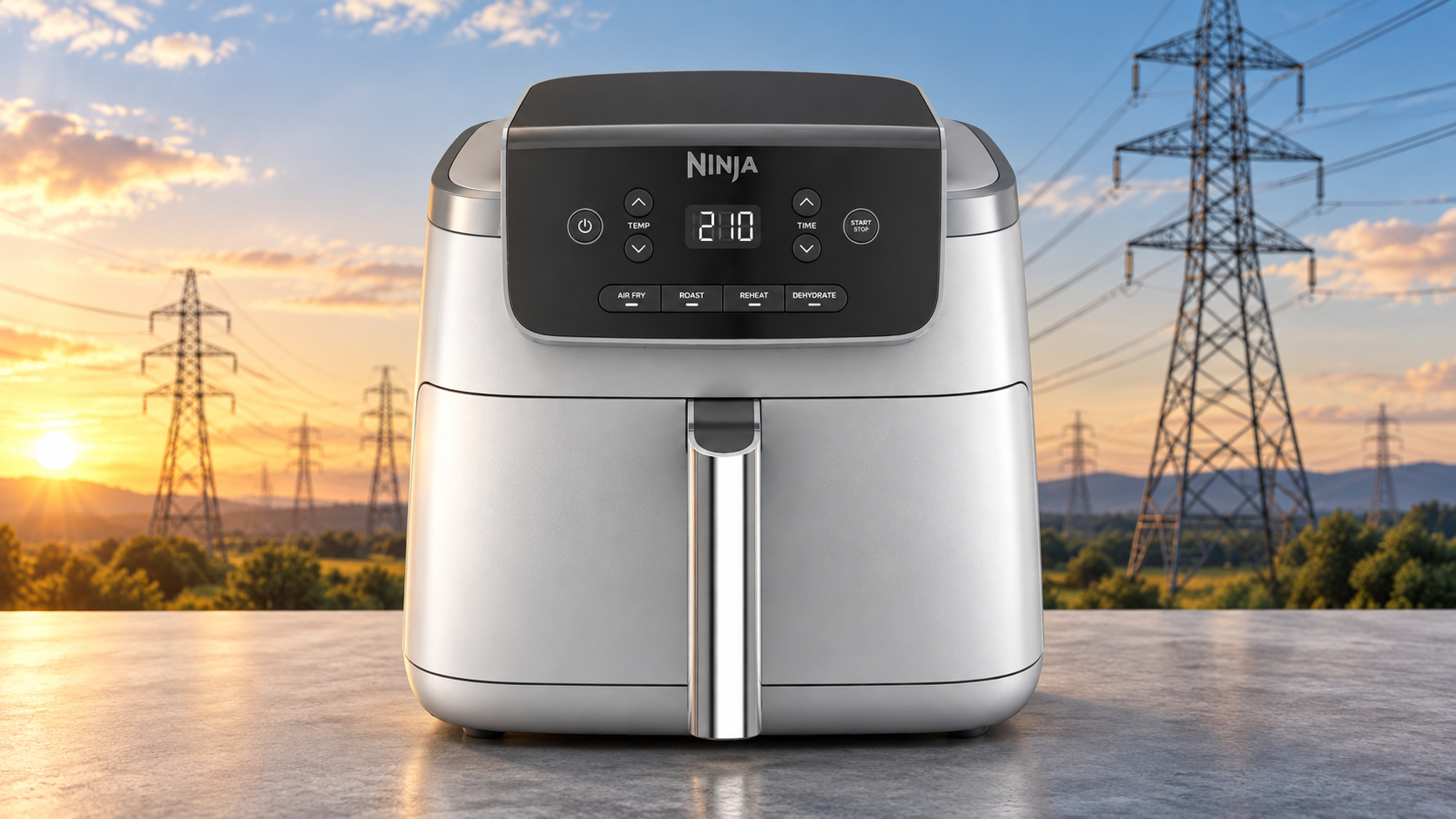 Ninja air fryer with electricity transmission towers and power lines in the background, New Zealand.