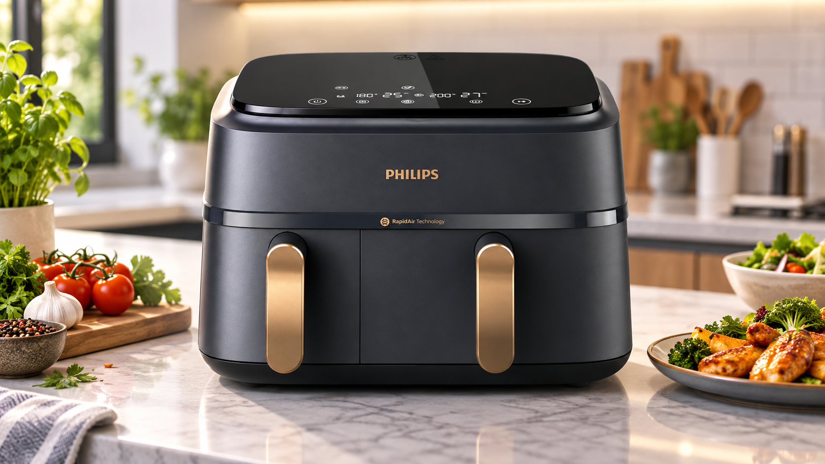 Philips dual-drawer air fryer with gold handles on a modern kitchen countertop, surrounded by fresh ingredients and cooked food.