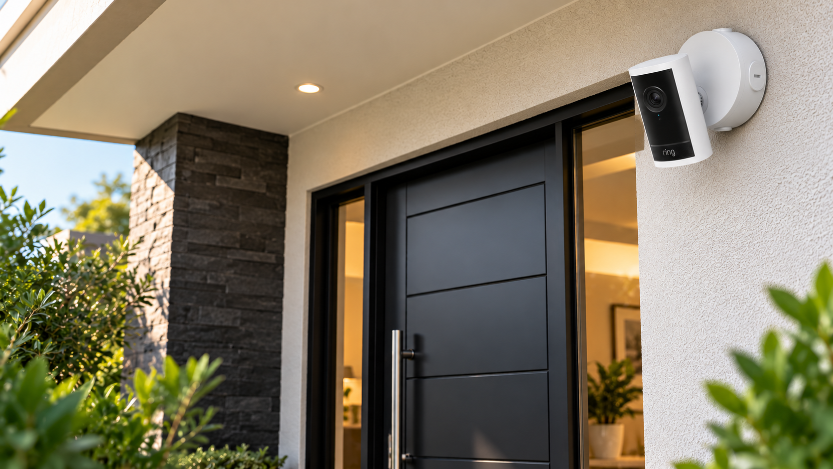Ring Outdoor Cam Pro security camera mounted beside a modern front door - Security Cameras at Tech Supply Shed NZ