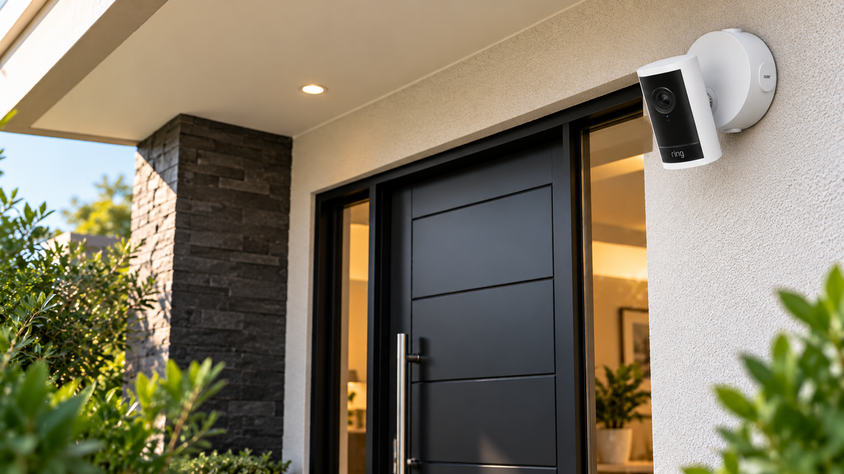 Ring Outdoor Cam Pro security camera mounted beside a modern front door - Security Cameras at Tech Supply Shed NZ