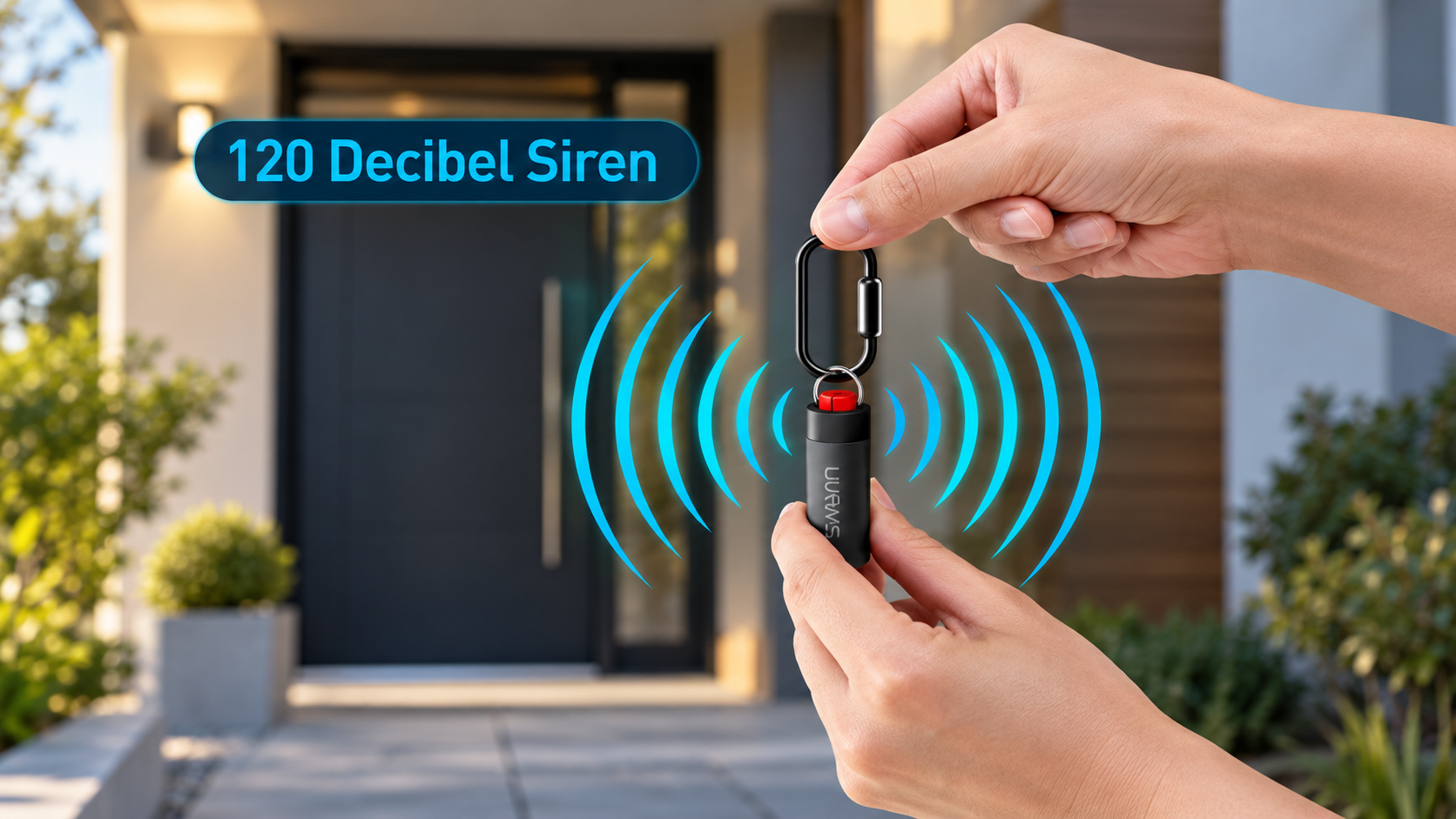 Modern residential entrance background, with the 120 dB personal alarm and sound-wave graphics.