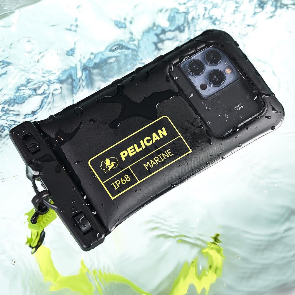 Pelican marine floating phone pouch with phone inside, black case and neon-green lanyard