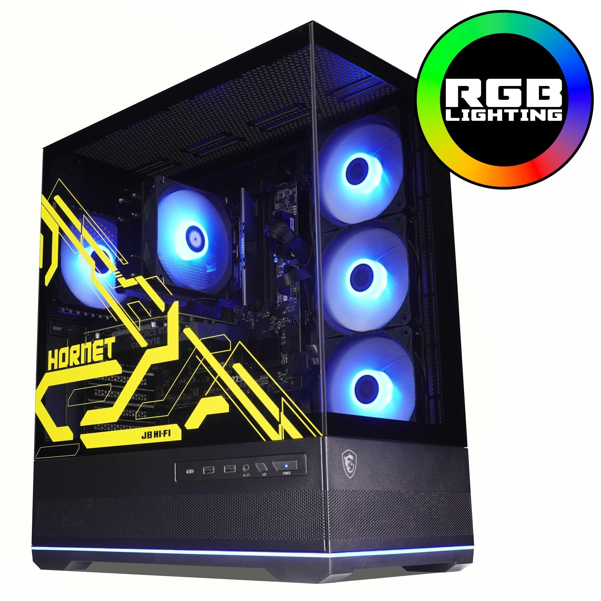 Black gaming desktop PC with tempered glass, blue RGB fans, and front I/O panel