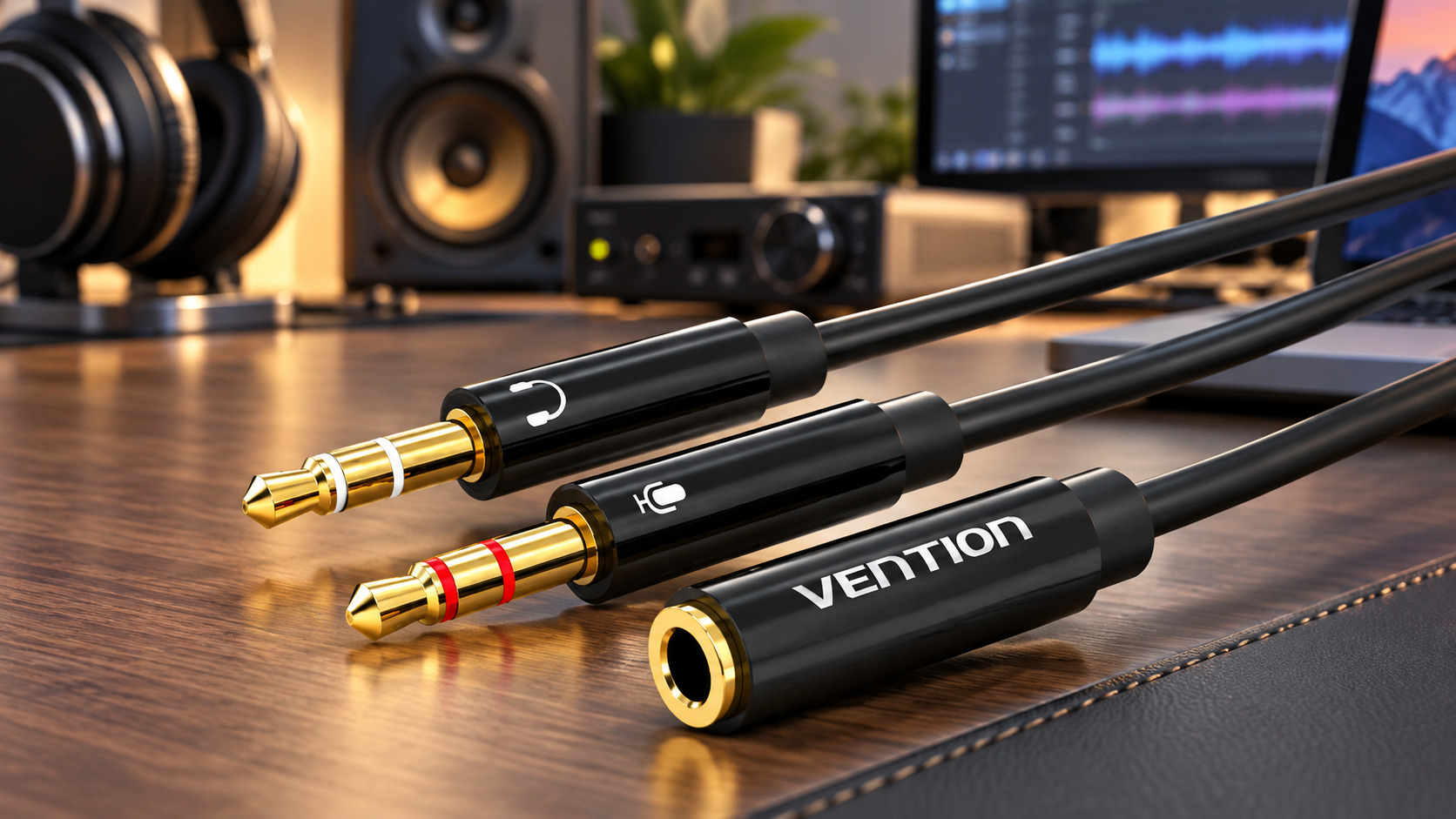Vention 3.5mm audio splitter cable with headphone and microphone plugs on a modern desktop audio setup with speakers, headphones and studio equipment