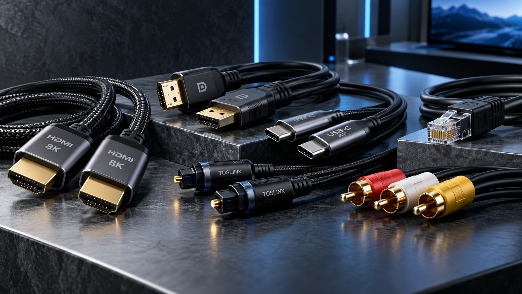 Premium AV cables and connectors including HDMI, DisplayPort, USB-C, optical and RCA cables arranged on a modern technology background.