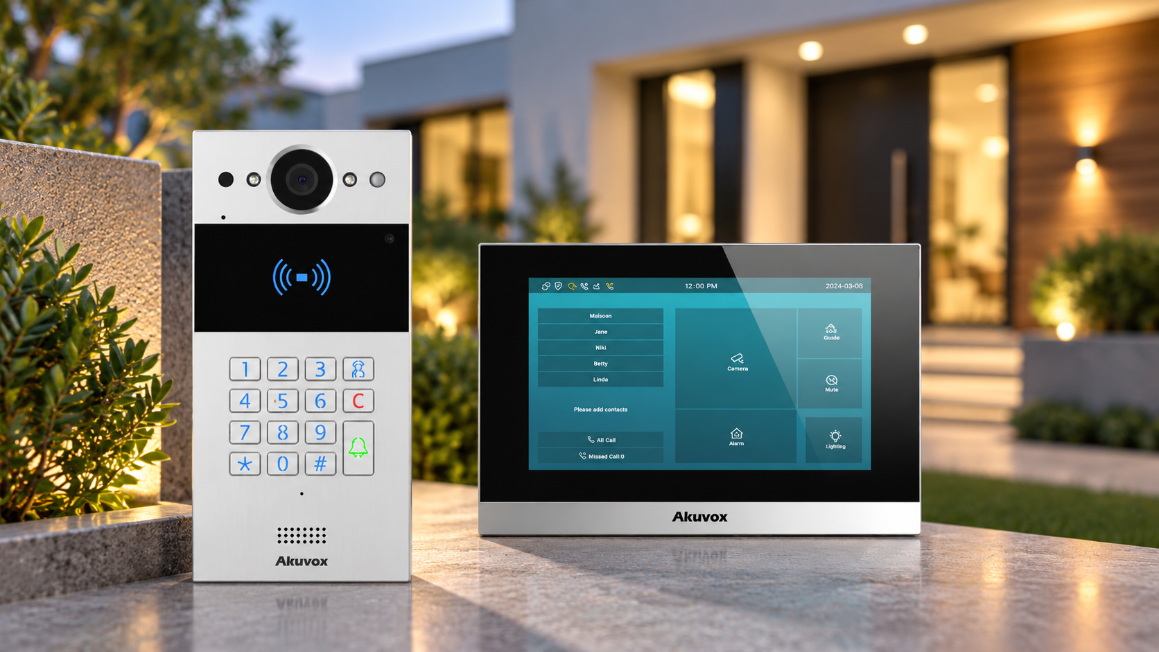 Akuvox video door intercom with keypad and indoor touchscreen monitor, displayed against a blurred modern residential home background in New Zealand.