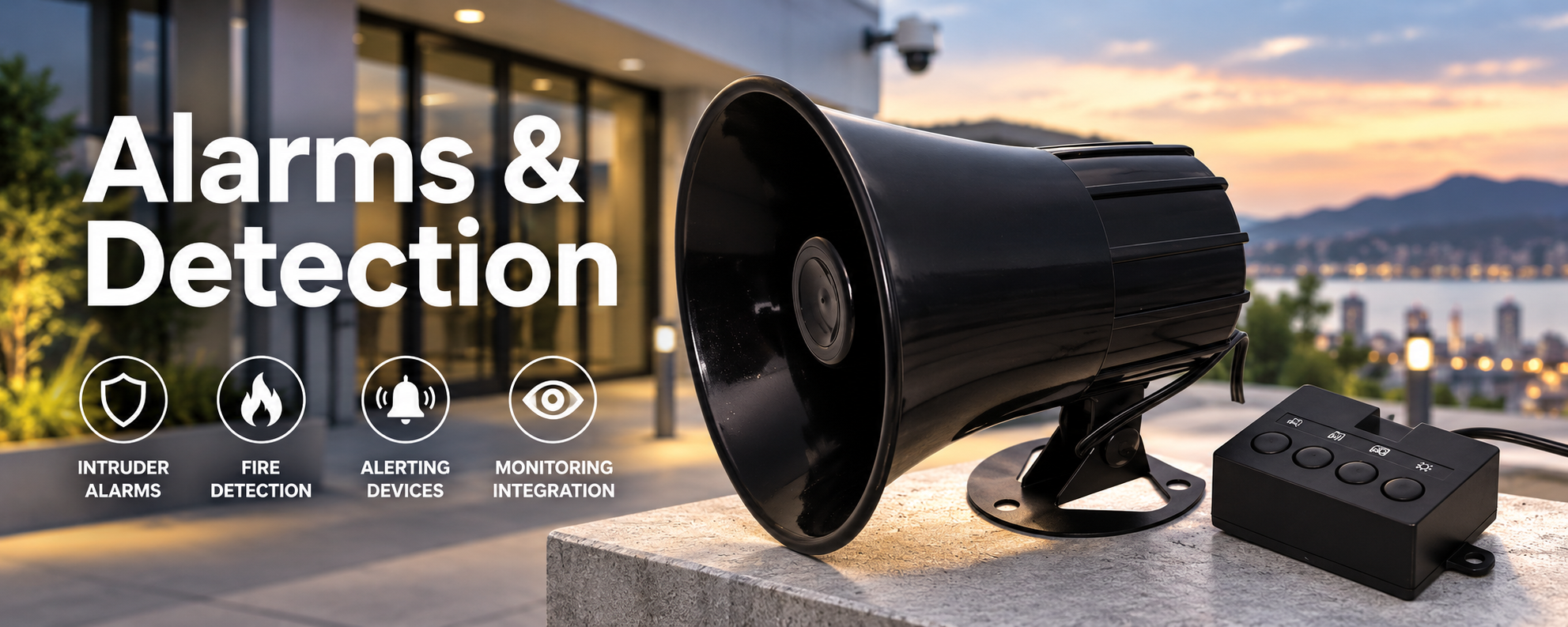 Alarms and Detection banner featuring a black alarm siren with control unit against a modern commercial building background.