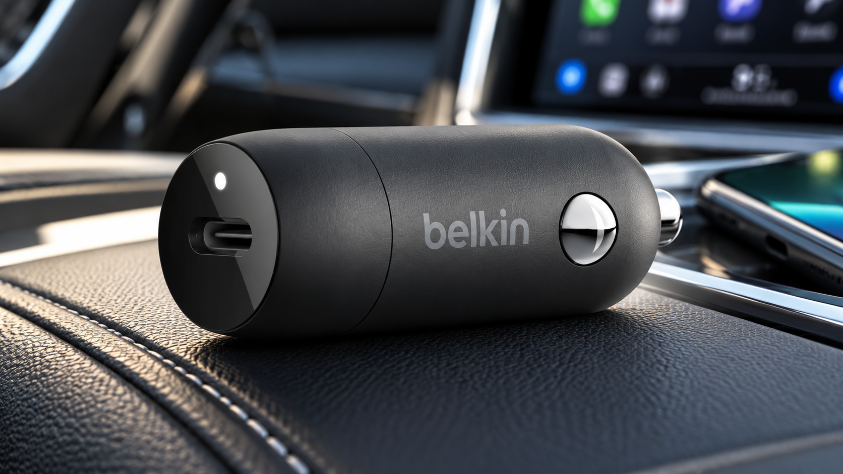 Boost USB-C car charger with USB-C port on a modern vehicle interior background.