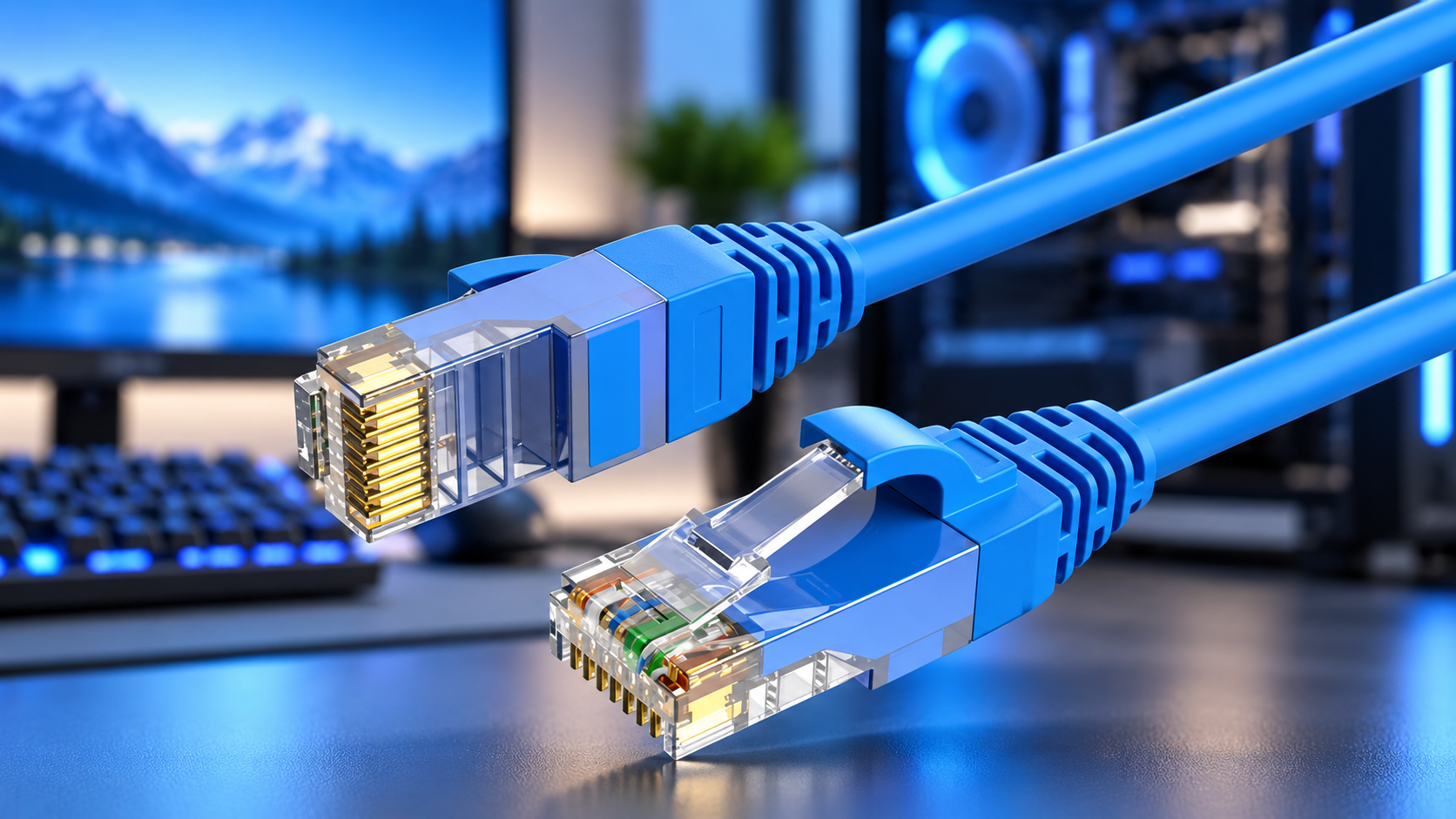 Blue RJ45 Ethernet network cable connectors on a modern PC workstation background