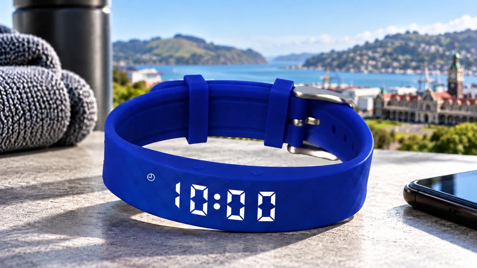 Blue digital fitness band with LED time display, photographed with a blurred Dunedin harbour and city background, New Zealand.
