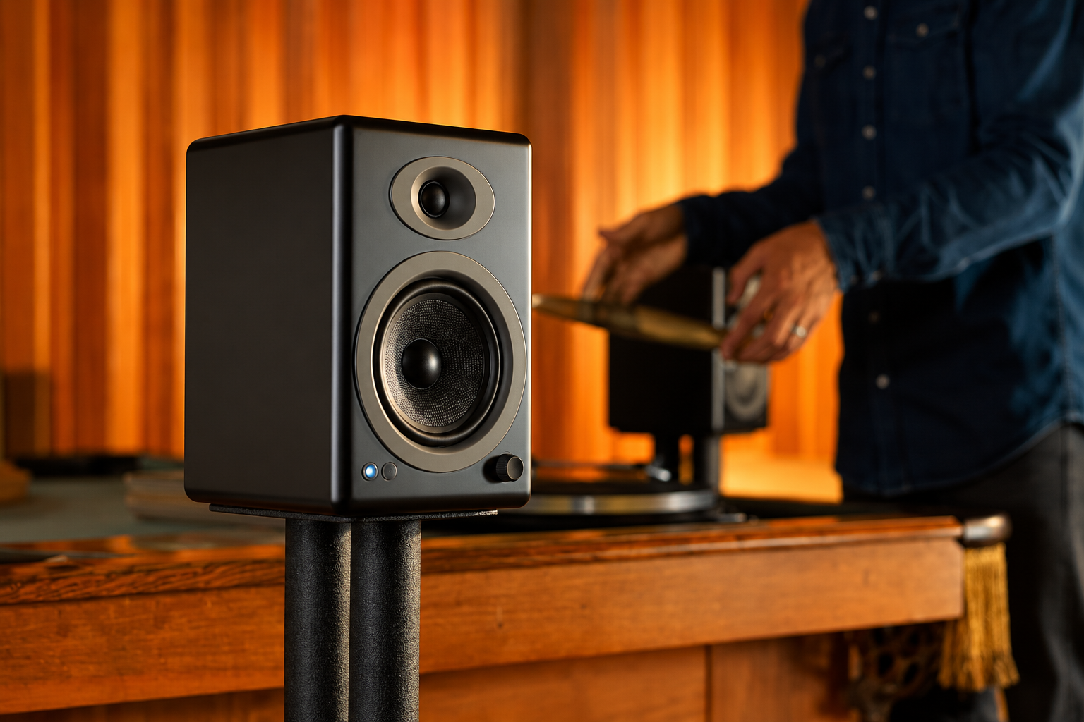 Pair of bookshelf speakers on a shelf for home audio - Bookshelf Speakers at Tech Supply Shed NZ