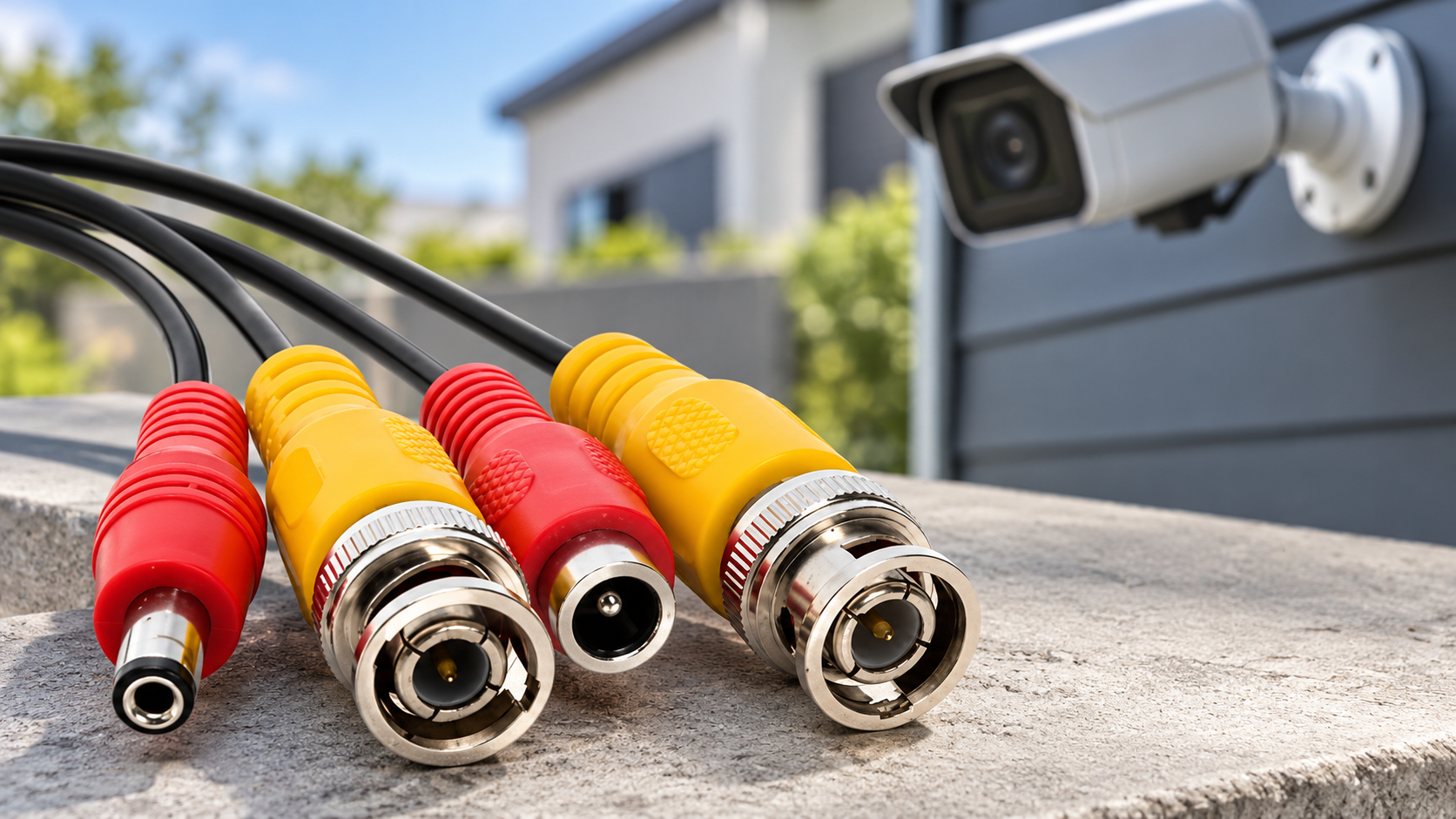 CCTV security camera cable connectors with BNC video and DC power plugs, shown with an outdoor surveillance camera on a New Zealand home.