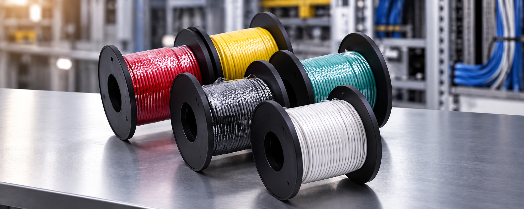 Red, yellow, green, black and white security cable spools for alarm and low-voltage installations in New Zealand.