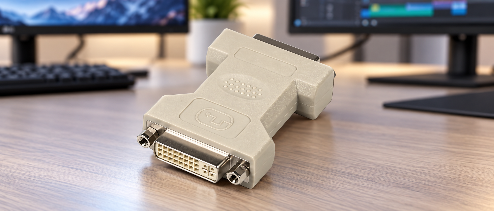 Beige DVI connector adapter on a desk with a blurred computer workstation and monitors in the background.
